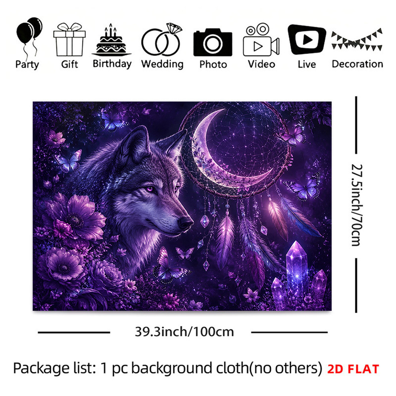 TEMU 2d Flat, 1pc Horizontal Wolf & Crystal Tapestry Wall Hanging - Dreamcatcher With Butterflies Suitable For Vintage Decor, Retro Themed Parties,