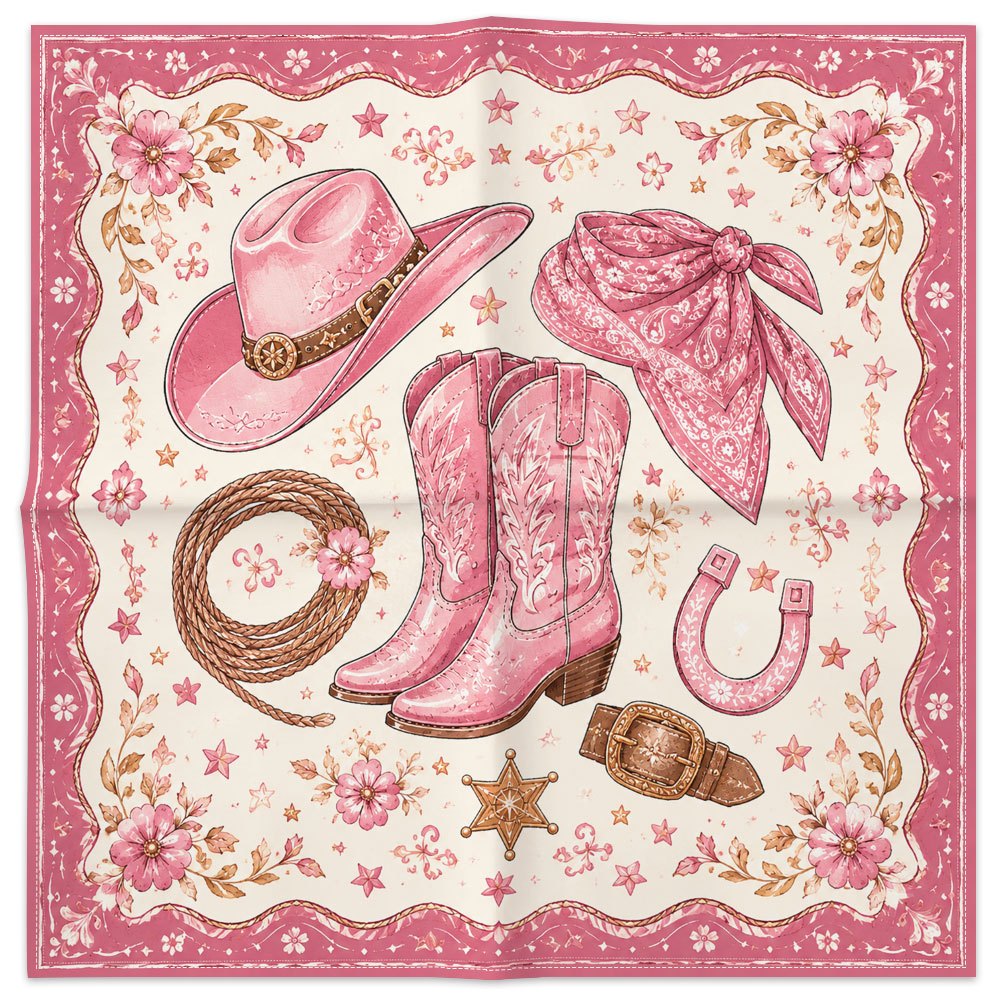 TEMU 1pc Western Cowgirl Bandana Scarf - Pink Retro Square Fabric Suitable For & ', Cowboy Hat Boots Horseshoe , Western Style Accessory For Ranch