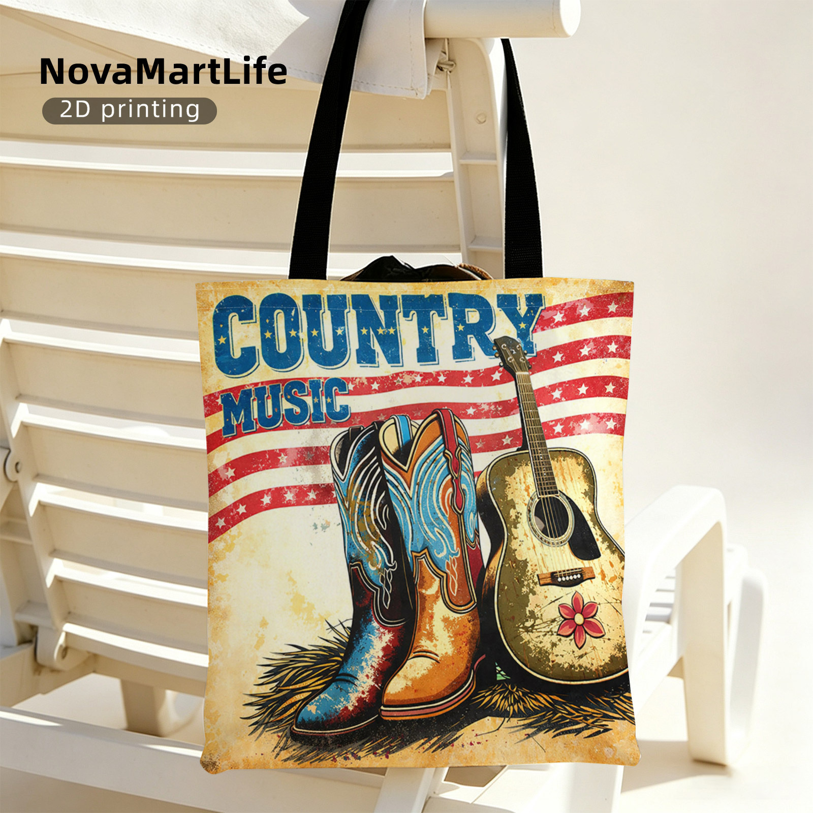TEMU 2d Printing Country Music Themed Shoulder Bag, Vibrant Cowboy Boots & Guitar Design, Lightweight Daily Use Handbag For Women, Perfect For Travel