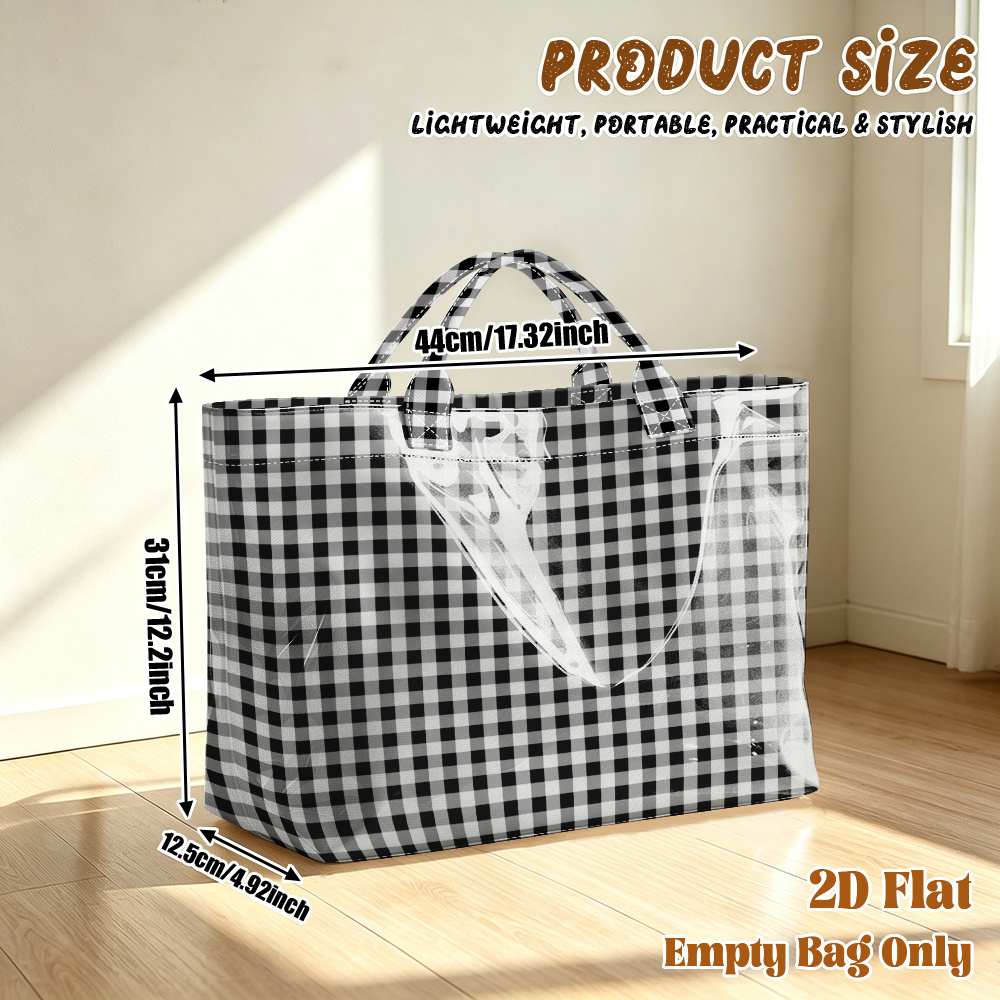 TEMU 1pc Large Capacity Pvc Reusable Grocery Bag With Reinforced Suitable For Work, Gym, Beach, Travel, Shopping - Black & White Checkered Tote