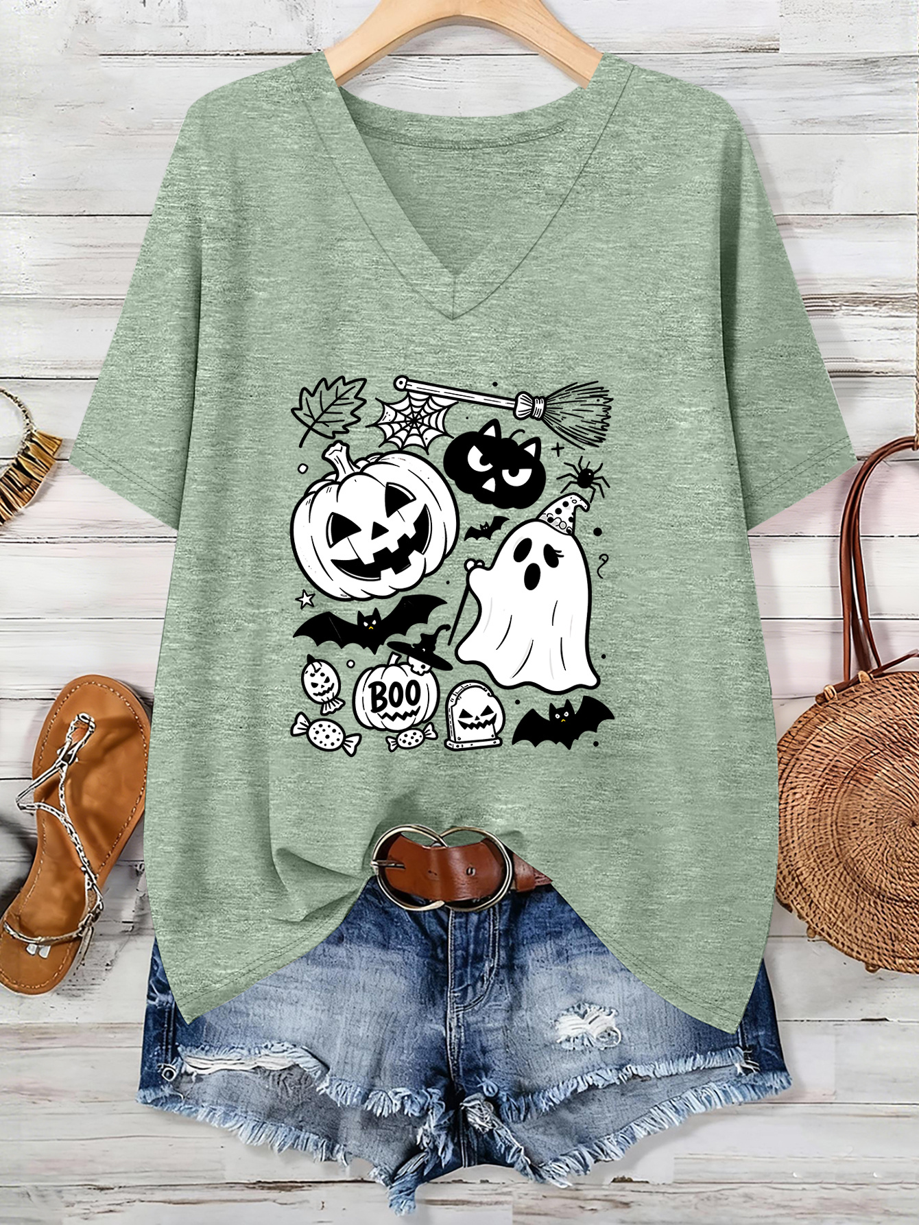 plus size spring summer new size womens fashion halloween black and white hand drawn pumpkin ghost black cat   bat printed loose off shoulder short sleeve t shirt high quality womens top casual short sleeve v neck t shirt cute top