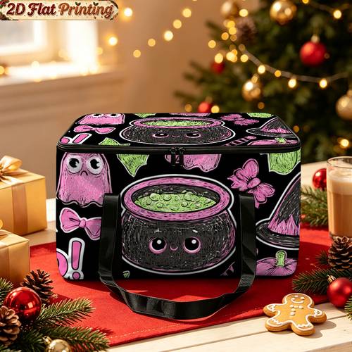 christmas gifts 2d flat 1pc pink halloween symbols pattern insulated lunch tote halloween decor foldable cooler for daily office beach vacation reusable grocery bags long handle non food contact 2d flat