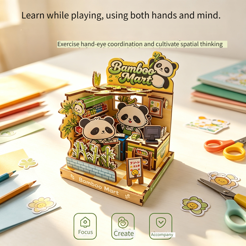 60pcs Panda Supermarket Double-Sided Wooden 3D Puzzle