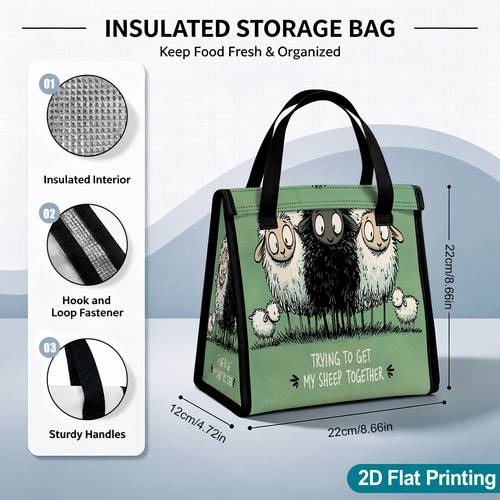 2d flat cartoon sheep gathered pattern casual lunch bag portable multi function tote for beach fishing camping and weekend leisure s non food contact insulated 2d flat