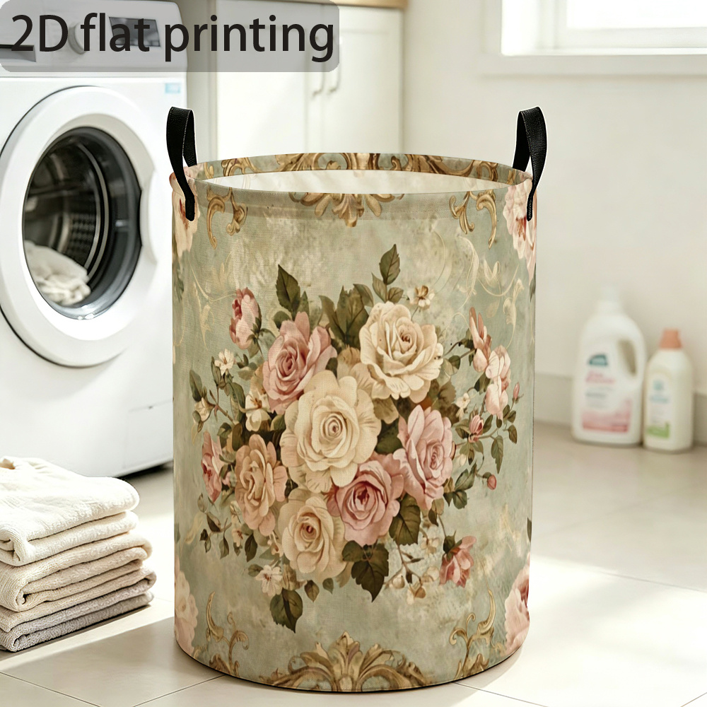 TEMU 1pc Vintage Floral Laundry Basket, Portable Round Dirty Clothes Basket, Large-capacity Multi-functional Laundry Storage Basket For Home,