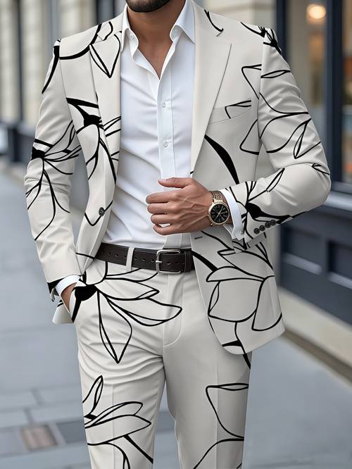 item picture 2pcs mens suit trousers simple floral print suit and flower pattern mens formal suit set black and white minimalist colors suit with lining and pockets trousers with pockets printed design not textured