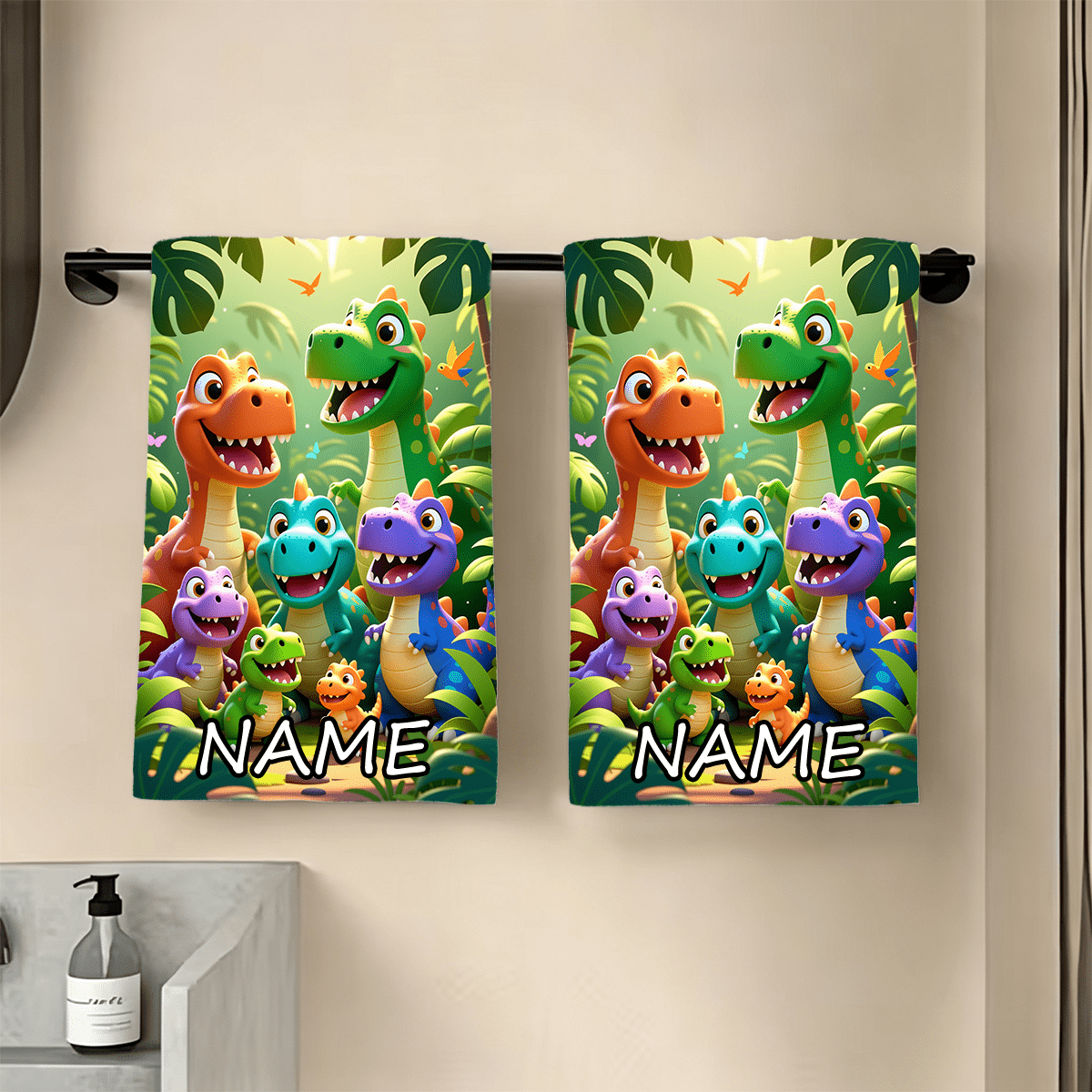 TEMU 1pc, Custom Name"colorful Cartoon Dino Group In Jungle"towel, Striped Design, Bathroom Towel, Absorbent Quick-dry Towel, Nordic Minimalist Style