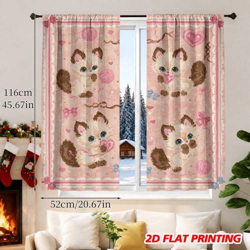 item picture 2d flat christmas halloween 2pcs pink background with cute kittens printed 2d flat design polyester semi transparent curtains with rod pocket decoration for living room kitchen bedroom and dining room 2d flat