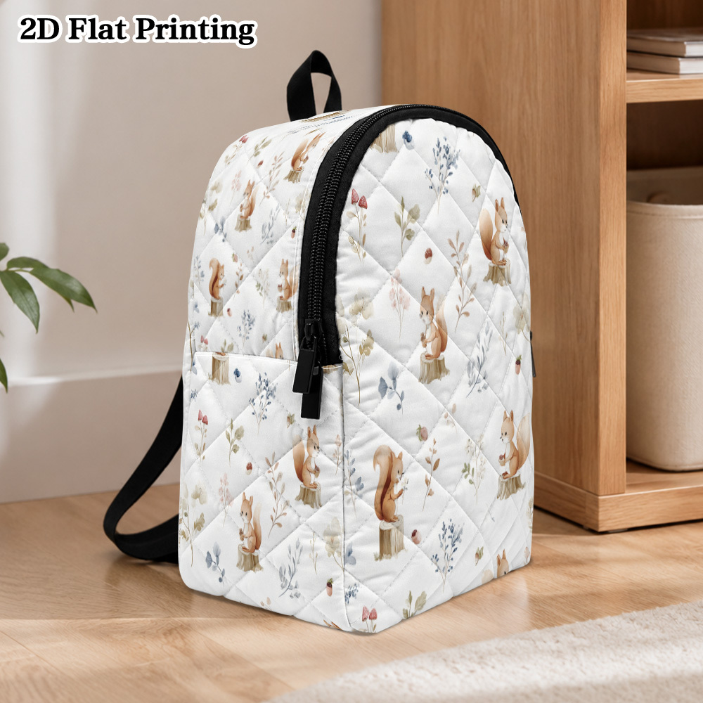 item picture 2d flat 1pc backpack printed with squirrels and forest   pattern zipper closure large capacity diamond grid quilting design durable and lightweight suitable for   men and women outdoor   bag