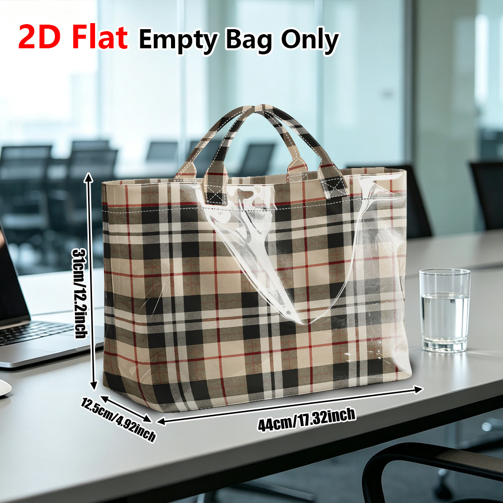 TEMU 1pc Reusable Grocery Bags, 2d Flat Classic Plaid Tote Bag, Travel Bag, Pvc Material, Casual Shopping Bag, Suitable For Coffee Shops, Daily