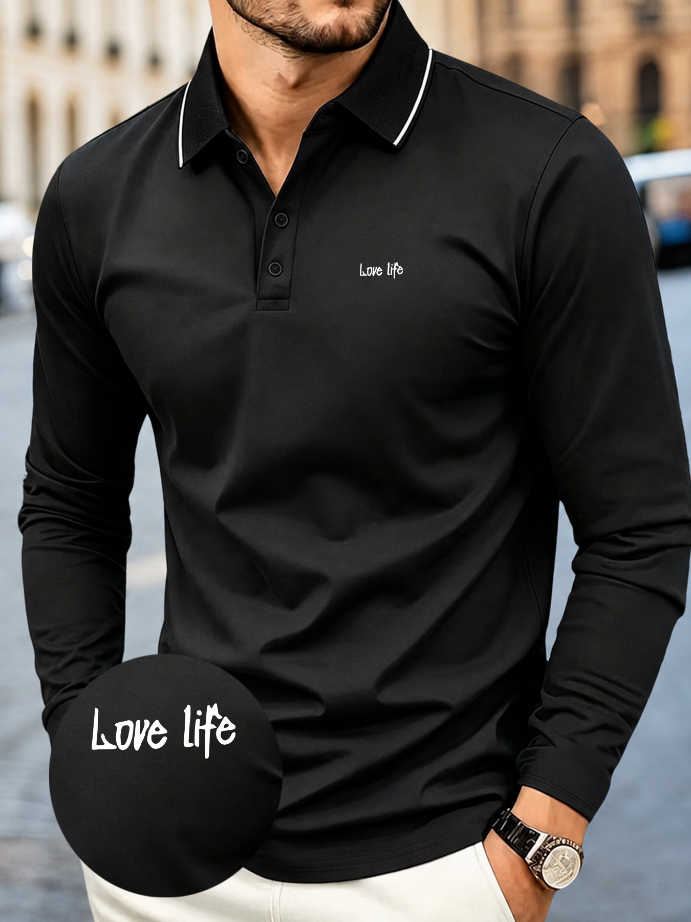 1 buc. Tricou polo cu mânecă lungă pentru bărbați, model unic și creativ cu litere englezești "Love Life", design la modă, logo, imprimeu, potrivit pentru toate anotimpurile, croială regular fit cu stil occidentalizat, aspect casual și ușor, ideal pentru ocazii formale și ținute de lucru zilnice