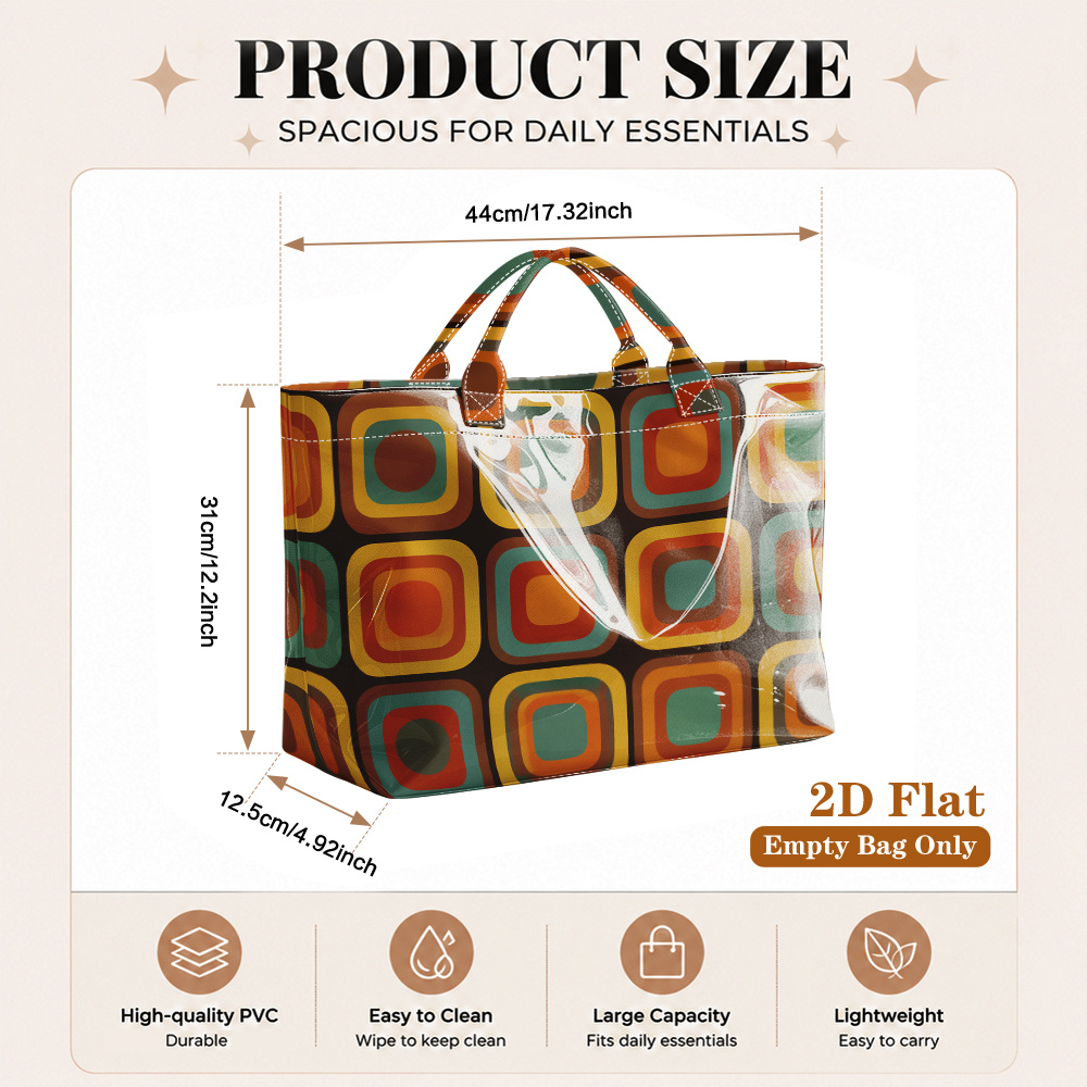 TEMU 1pc Reusable Grocery Bags, 2d Flat Printing Retro Squares Pattern Pvc Large Capacity Travel Tote Bag, Shopping Bag, Commuting Bag, Beach Bag,