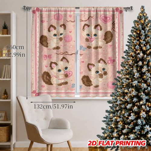 2d flat christmas halloween 2pcs pink background with cute kittens printed 2d flat design polyester semi transparent curtains with rod pocket decoration for living room kitchen bedroom and dining room 2d flat