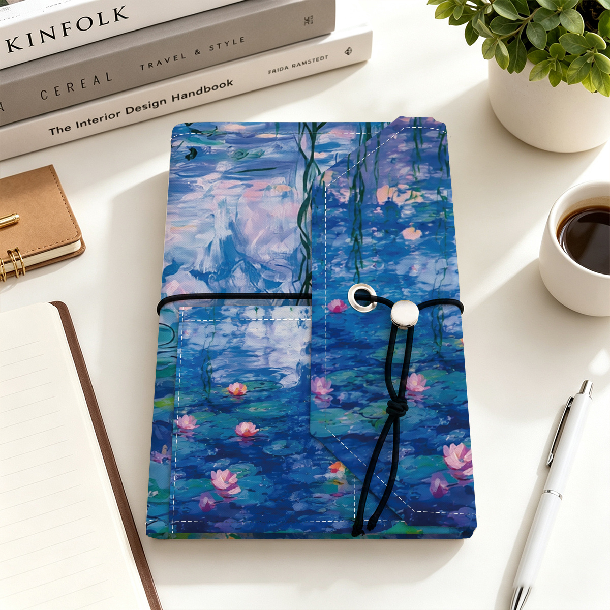 TEMU 1 ajustable para libro de poliéster con tema de pintura al óleo de Nenúfares azul, ideal para guardar bolígrafos, libros y cuadernos de tamaño