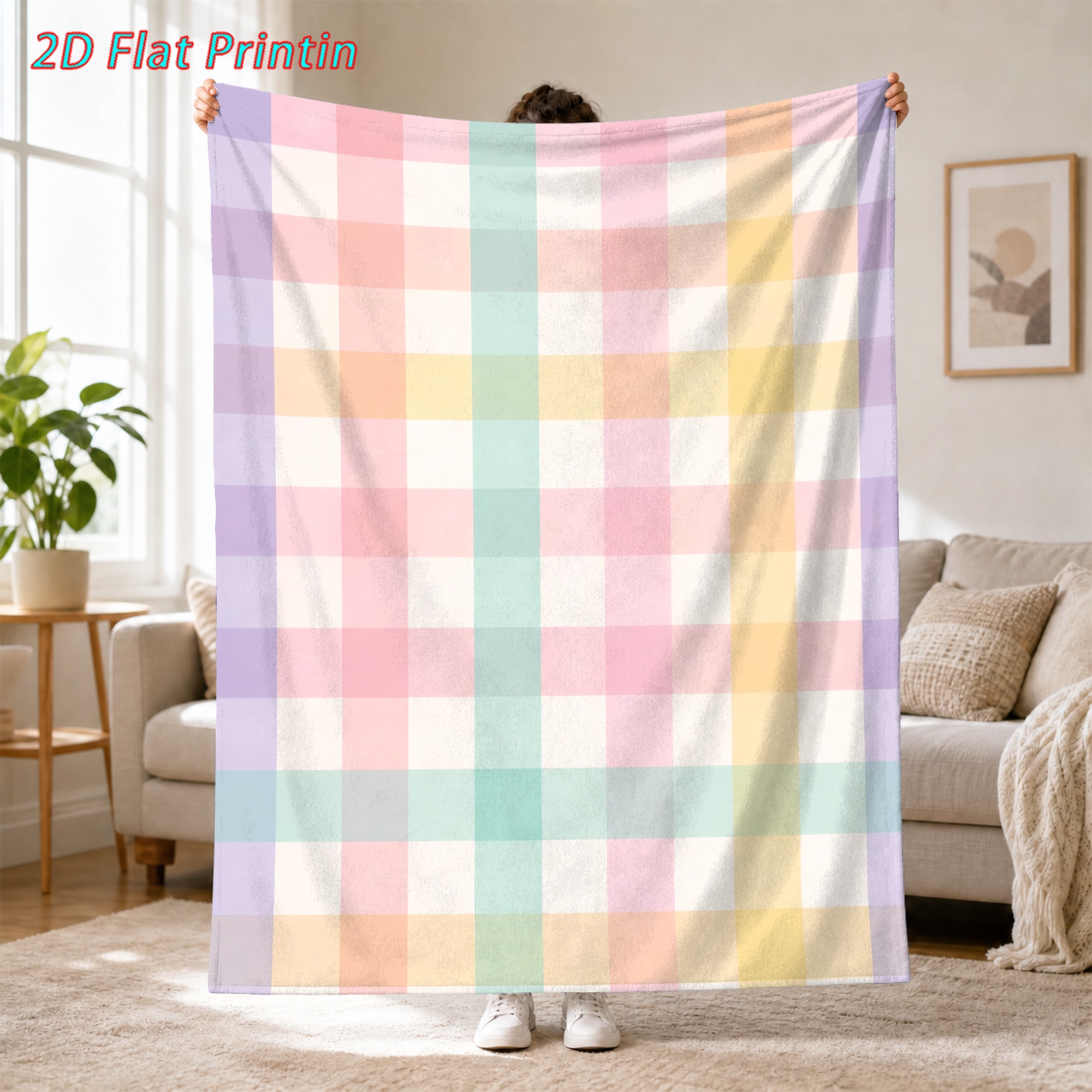 품목 사진 1개, 2d 평면 인쇄, 산뜻한 마카롱 색상 체크 무늬 프린트 캐주얼 담요, 소파, 침대, 여행, 캠핑, 거실, 사무실, 소파, 의자 및 침대에 적합 - 디지털 프린트 담요, 부드럽고 따뜻한 플란넬 소재