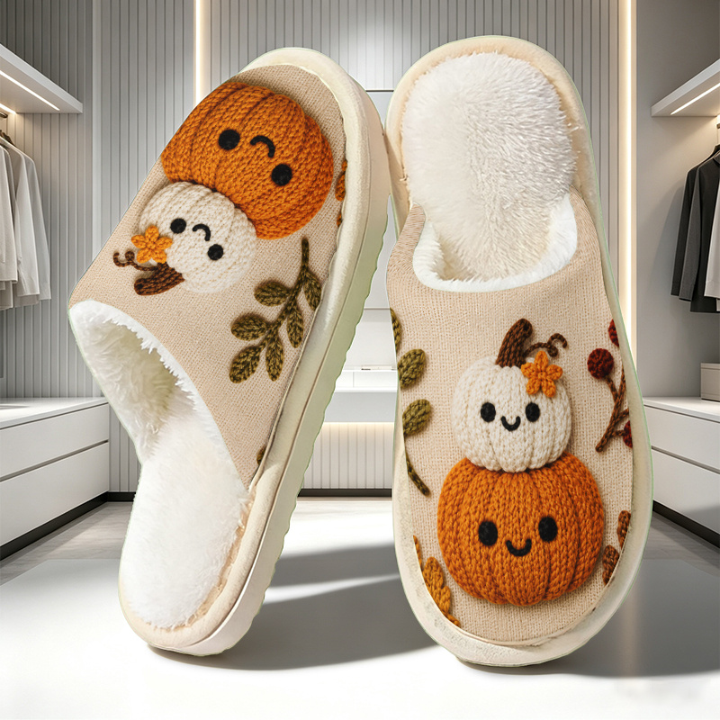 TEMU Knitted Pumpkin Cartoon Embroidered Pattern Women's Fashion Printed Home Slippers, Unisex For Couples, Elegant Gift, Comfortable And Soft,