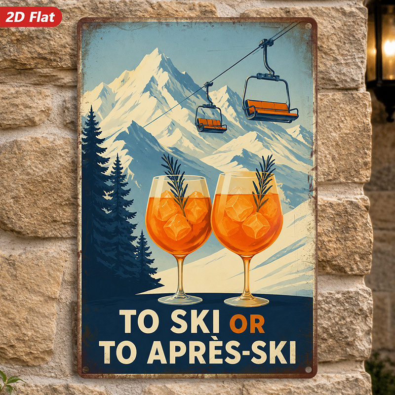 TEMU Panneau Métal 2D Plat, 1pc Ski , Art Mural, "À Ski" ou "Après Ski", Pics de Enneigés, Scène de Télésiège, Décoration Intérieure, Convient pour