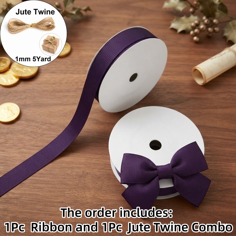 TEMU 1pc 1.6cm 5/8inch Polyester Ribbon Roll With 1pc Combo, Dark Purple Solid Bow Ribbon, For Floral Decor, Bouquet Wrapping, Handmade Crafts,