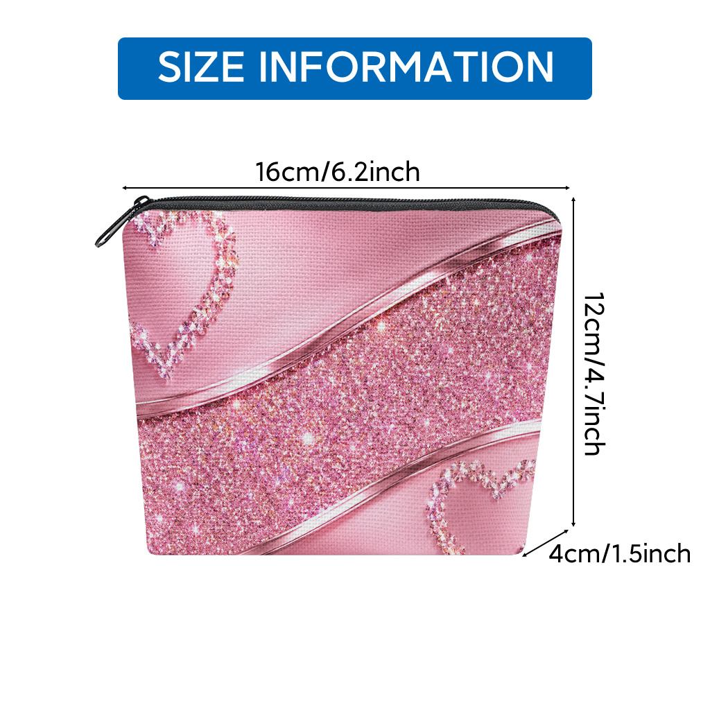 TEMU Sanitary Pad Storage Bag 1pc, Pink Glitter Hearts Print Sanitary Pad Organizer, Multifunctional Travel Pouch, Suitable For Cosmetics, Sanitary