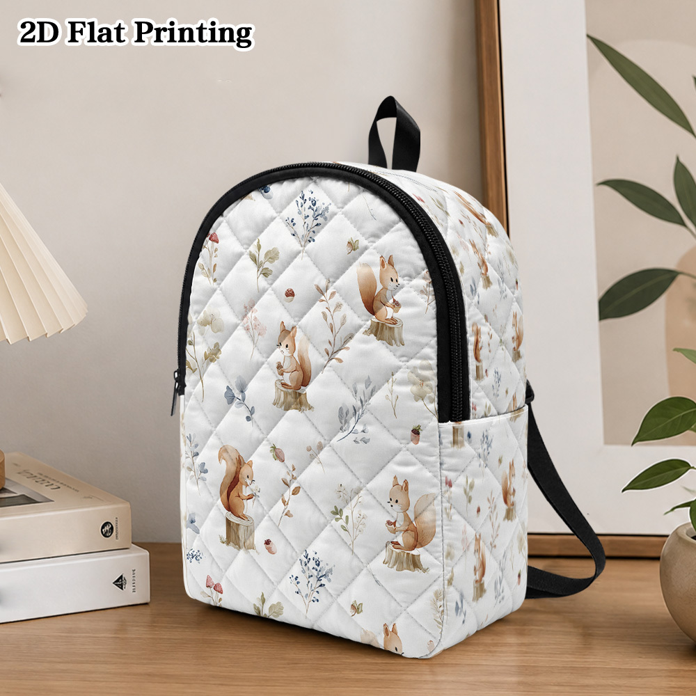 2d flat 1pc backpack printed with squirrels and forest   pattern zipper closure large capacity diamond grid quilting design durable and lightweight suitable for   men and women outdoor   bag