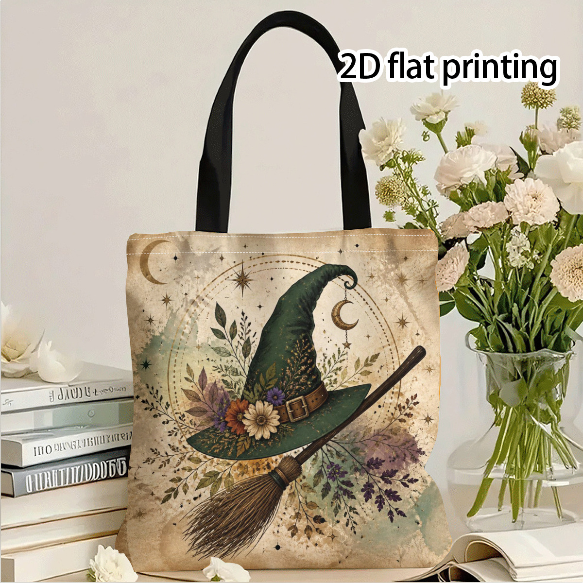 TEMU Sac avec impression de chapeau de sorcière, balai, étoile, lune et fleurs, adapté pour l'extérieur et le shopping, sac de courses unisexe |
