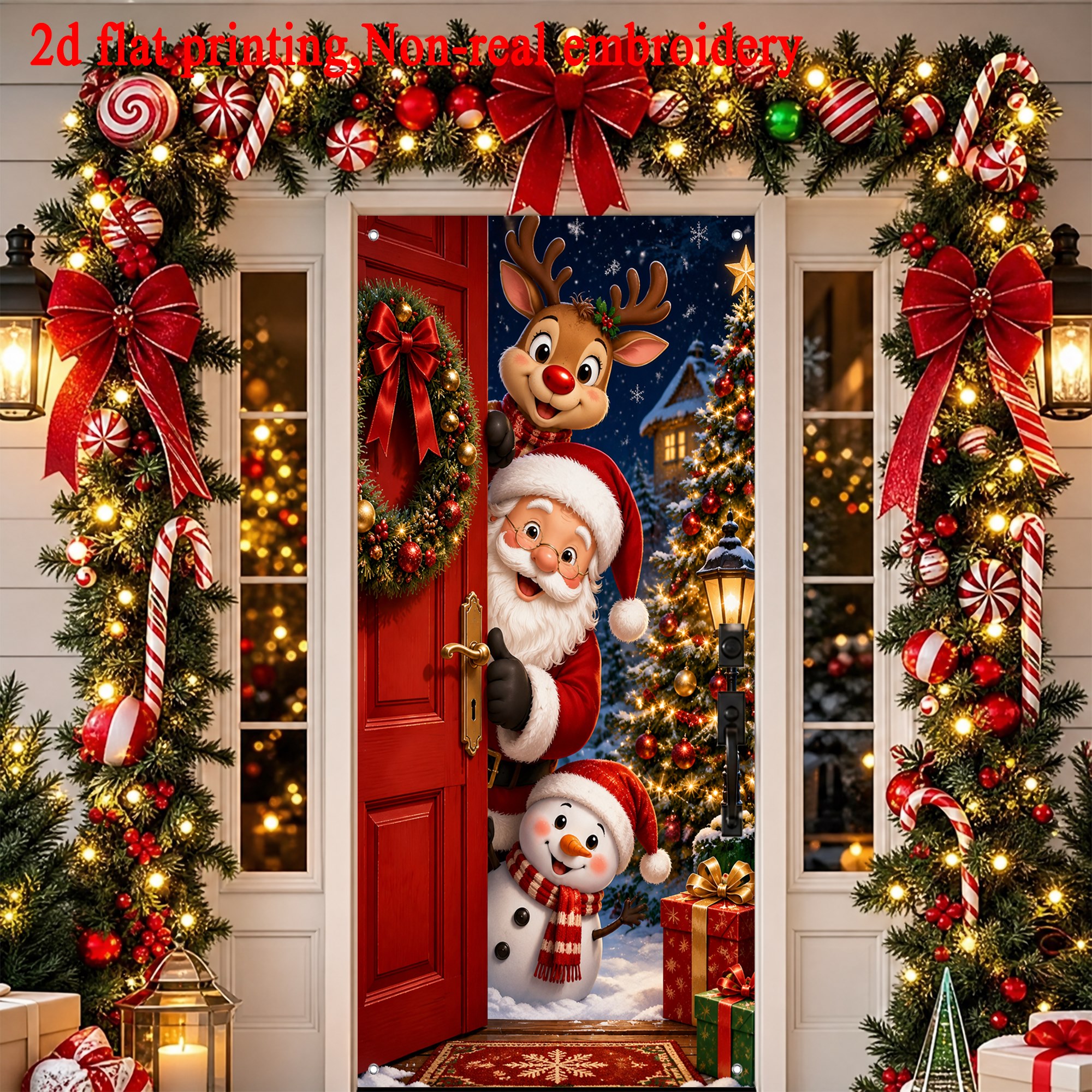 TEMU 2d Flat - 2d Door Banner 2d Flat - 2d Door Banner 1pc, 2d Flat Printing, Santa Claus Reindeer Christmas Tree Gift Printed Door Curtain Suitable