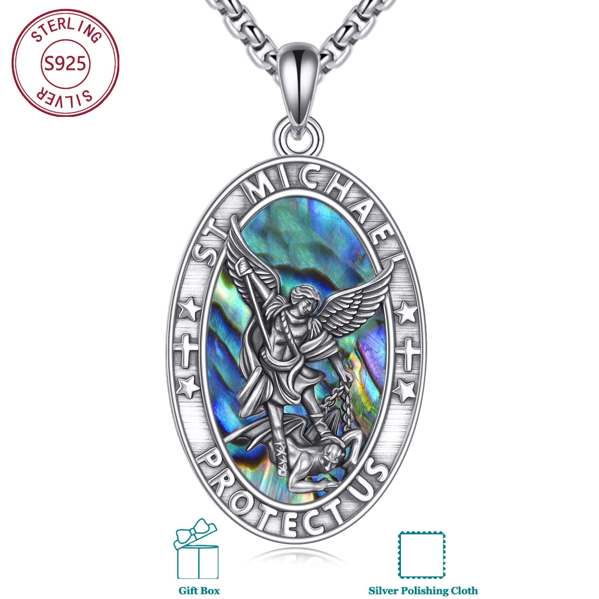 Image of 925 Sterling Silvery Saint Michael Archangel Pendant Necklace With Synthetic Abalone Shell, Guardian Theme Iridescent Necklace, Daily Talisman For