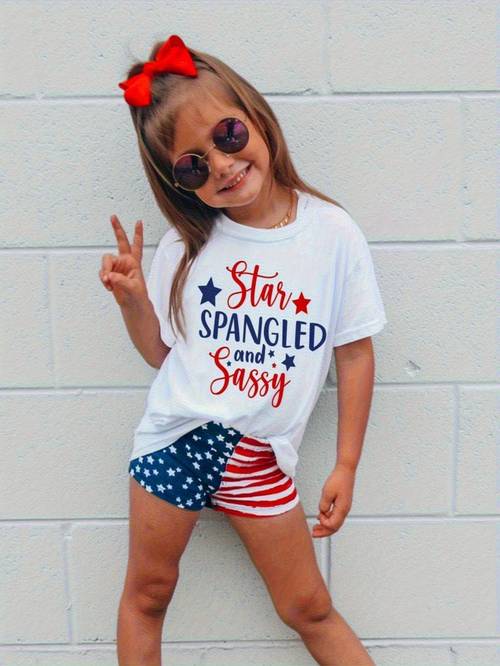 girls outfit star spangled sassy t shirt soft breathable sleeve top with flag stars round neck blouse for girls perfect gift a single short sleeve