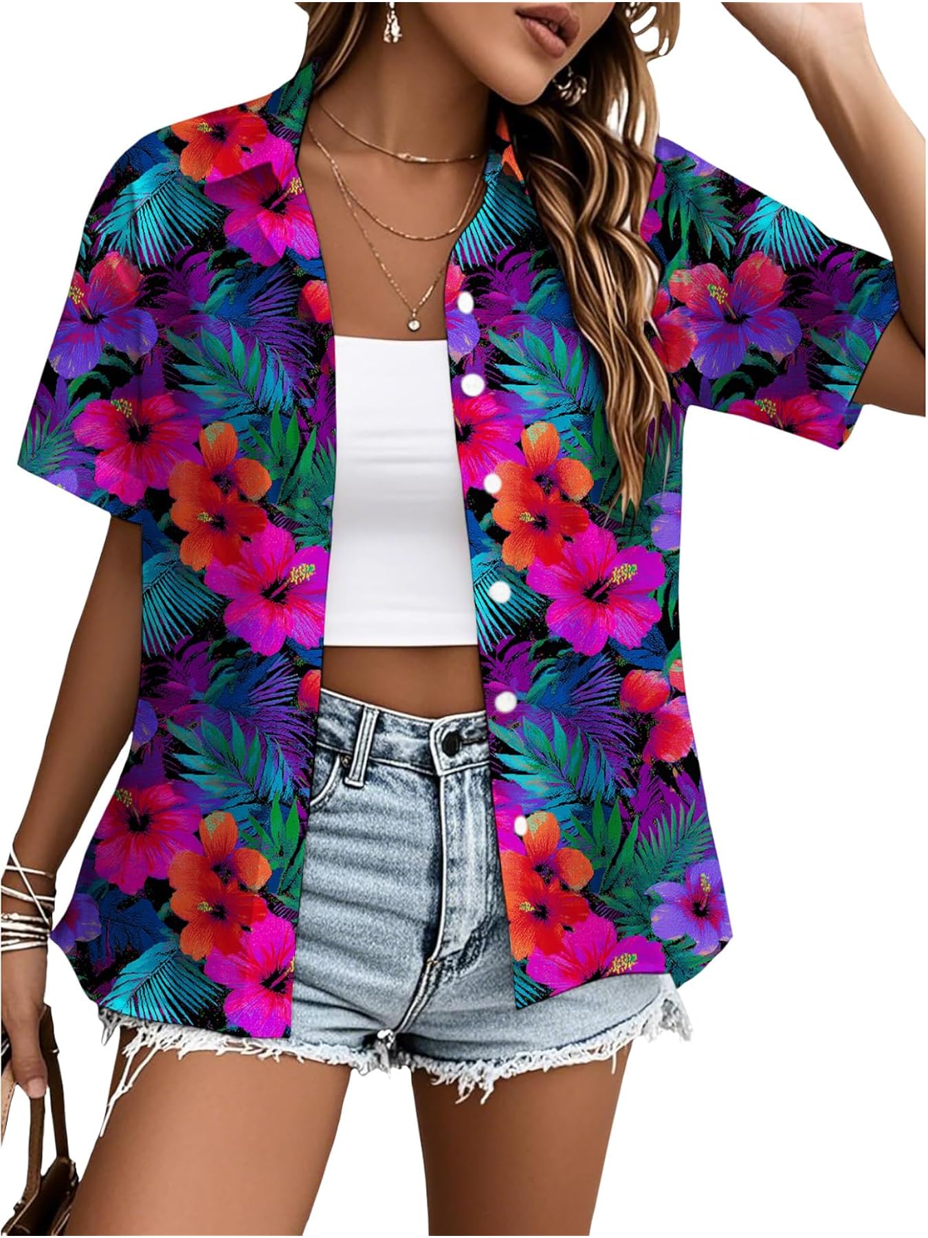 plus size plus size 3d hawaiian floral print button up shirt for plus size women a tropical short sleeve blouse featuring a   hibiscus design perfect lightweight beachwear for summer vacations and casual wear with an elegant regular fit