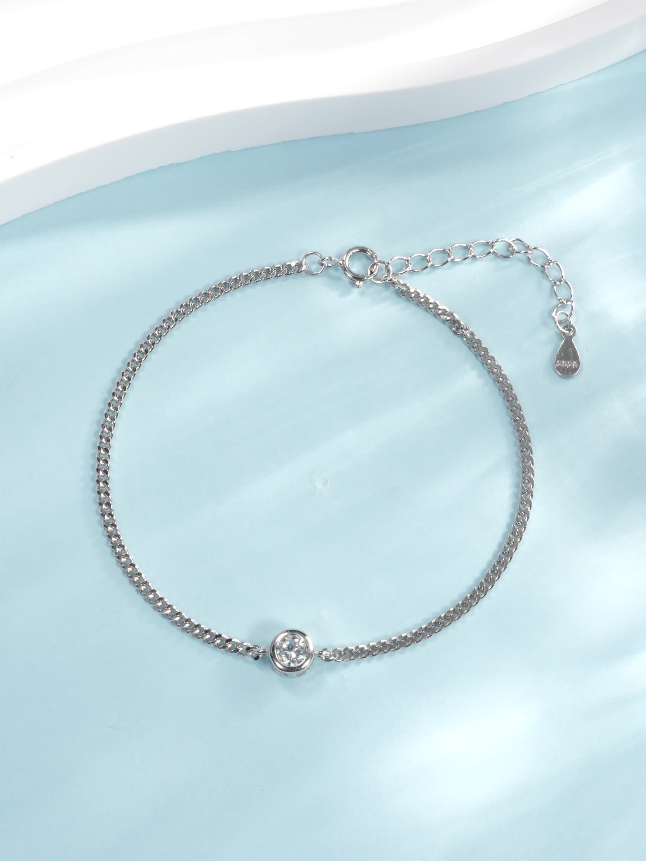 Round Solitaire Moissanite Bracelet with 925 Sterling Silver Chain