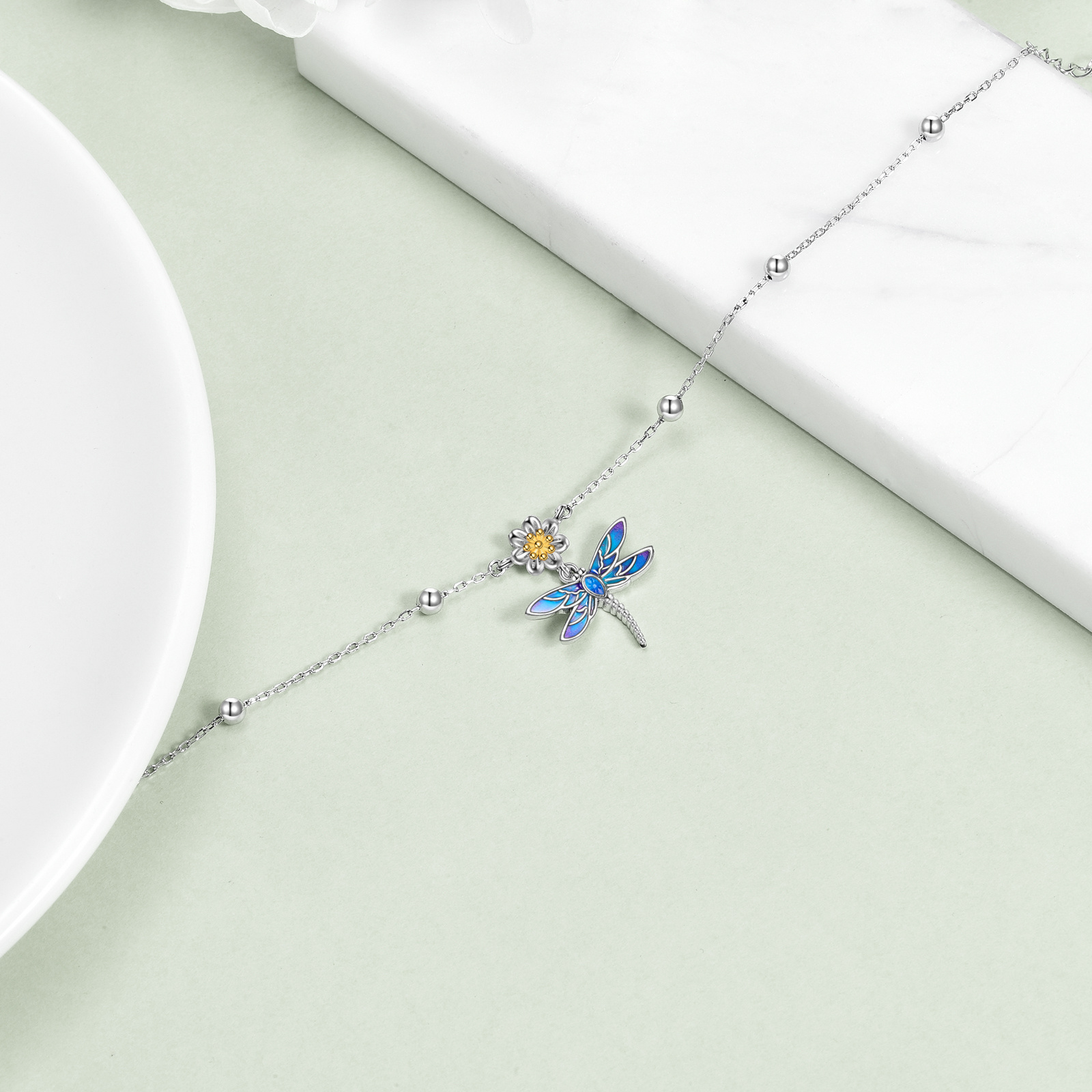 Sterling Silver Dragonfly Flower Anklet for Women