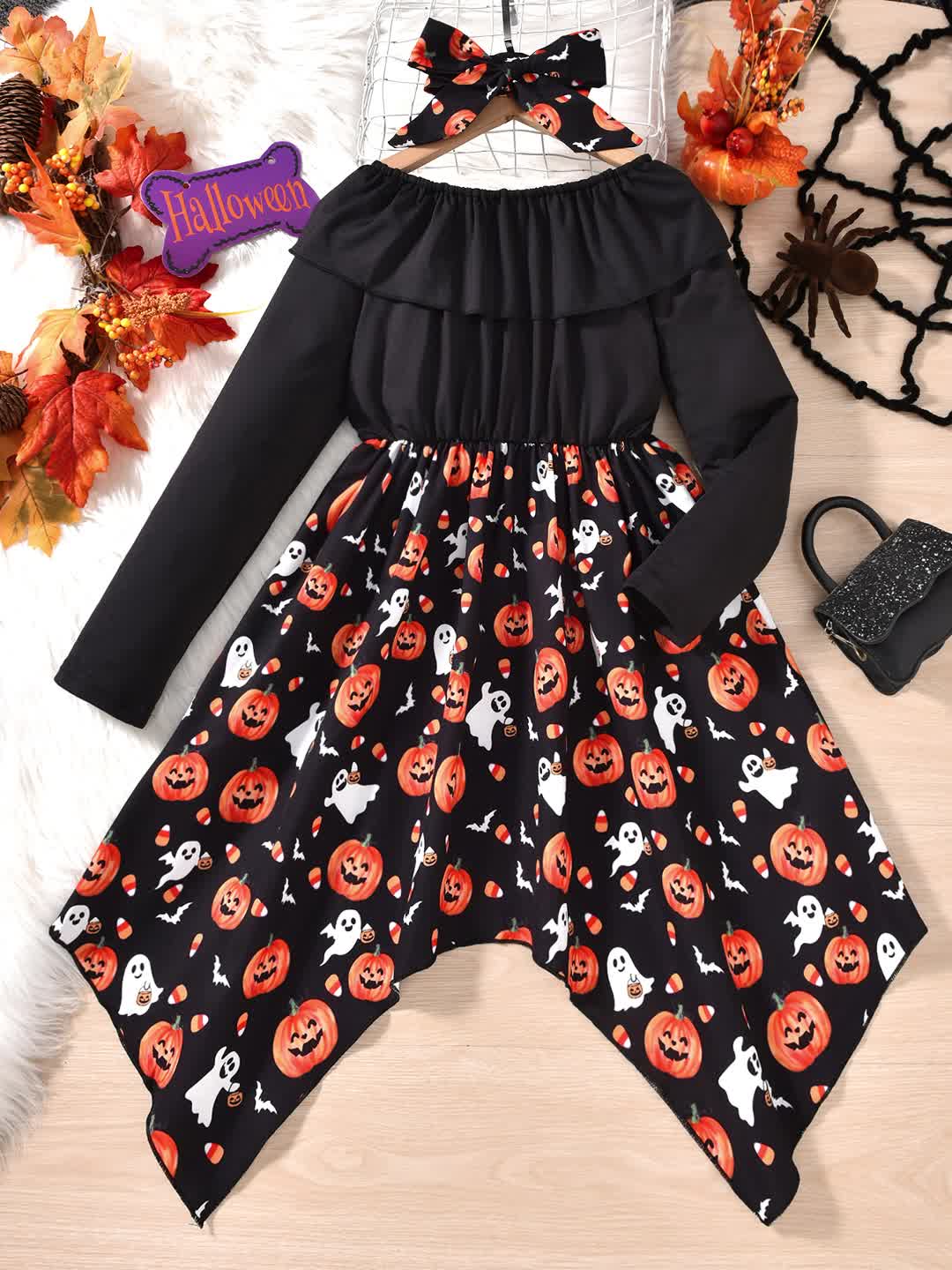 Girl's Halloween Dress Up Costume & Accessories, Cartoon Pattern Print A Line Dress, Character Cosplay Outfit, Kids Clothes for Halloween Holiday