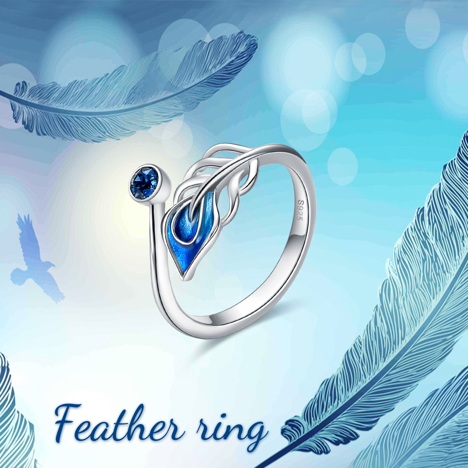 Adjustable Sterling Silver Open Feather Ring for Women