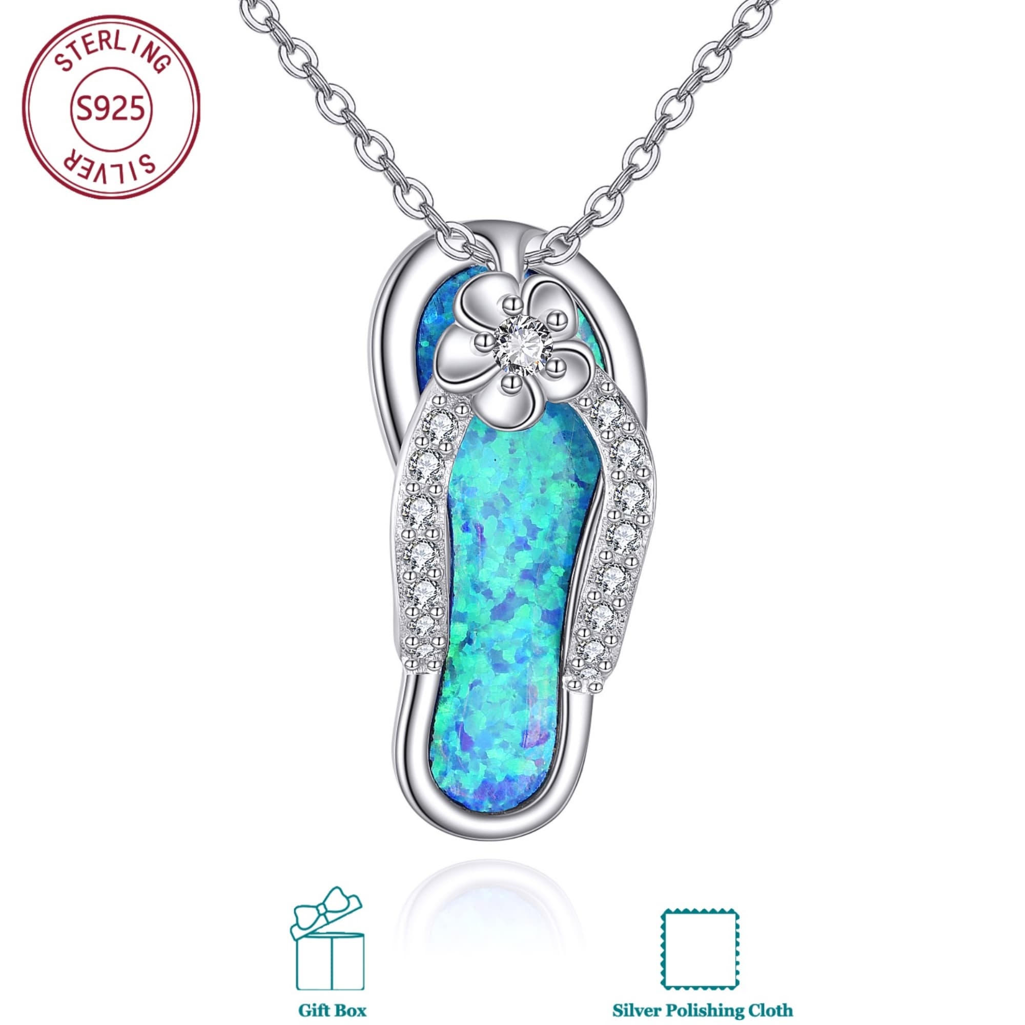 Image of 925 Sterling Silvery Flip Flop Necklace With Synthetic & Synthetic Opal, Vacation Fun Jewelry For Women, Skin-friendly & Anti-allergic, Suitable For Daily Wear