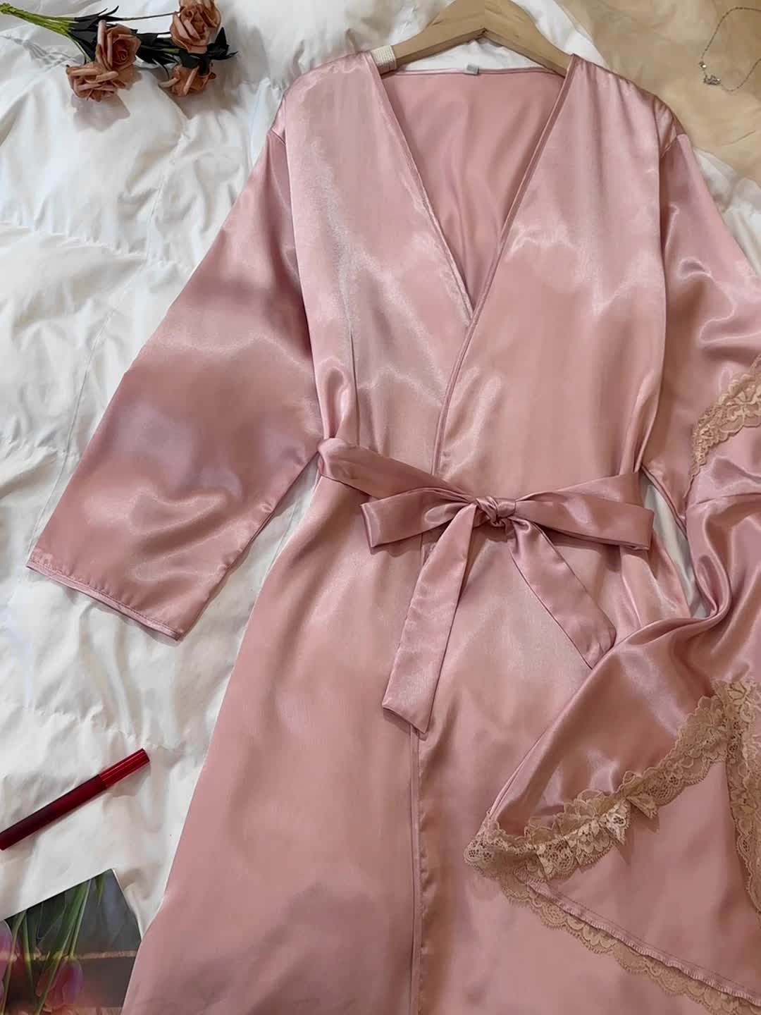 Satin Robe & Cami Dress Set, Sexy & Comfortable Long Sleeve Robe