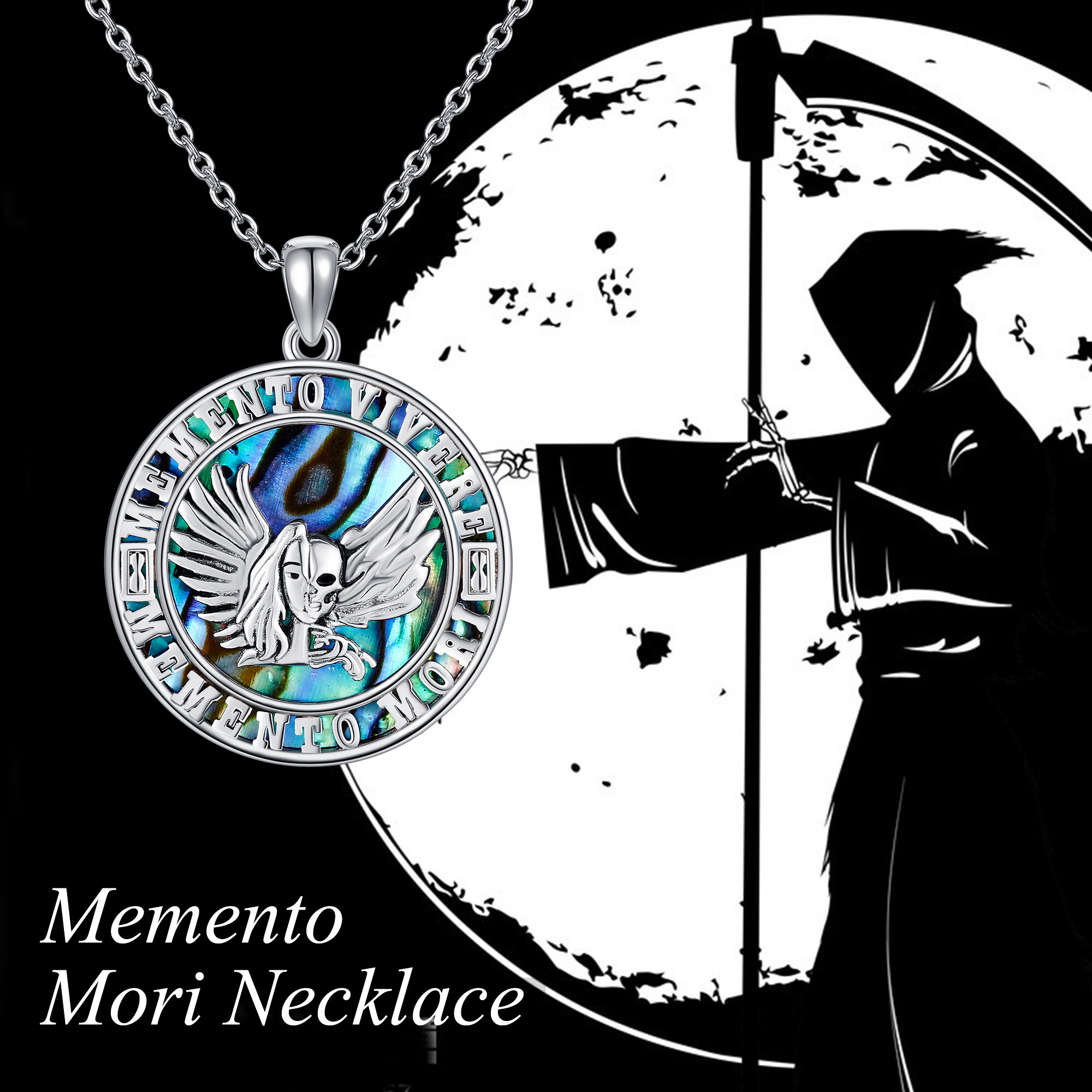 925 Sterling Silver Memento Mori Necklace with Synthetic Abalone Shell