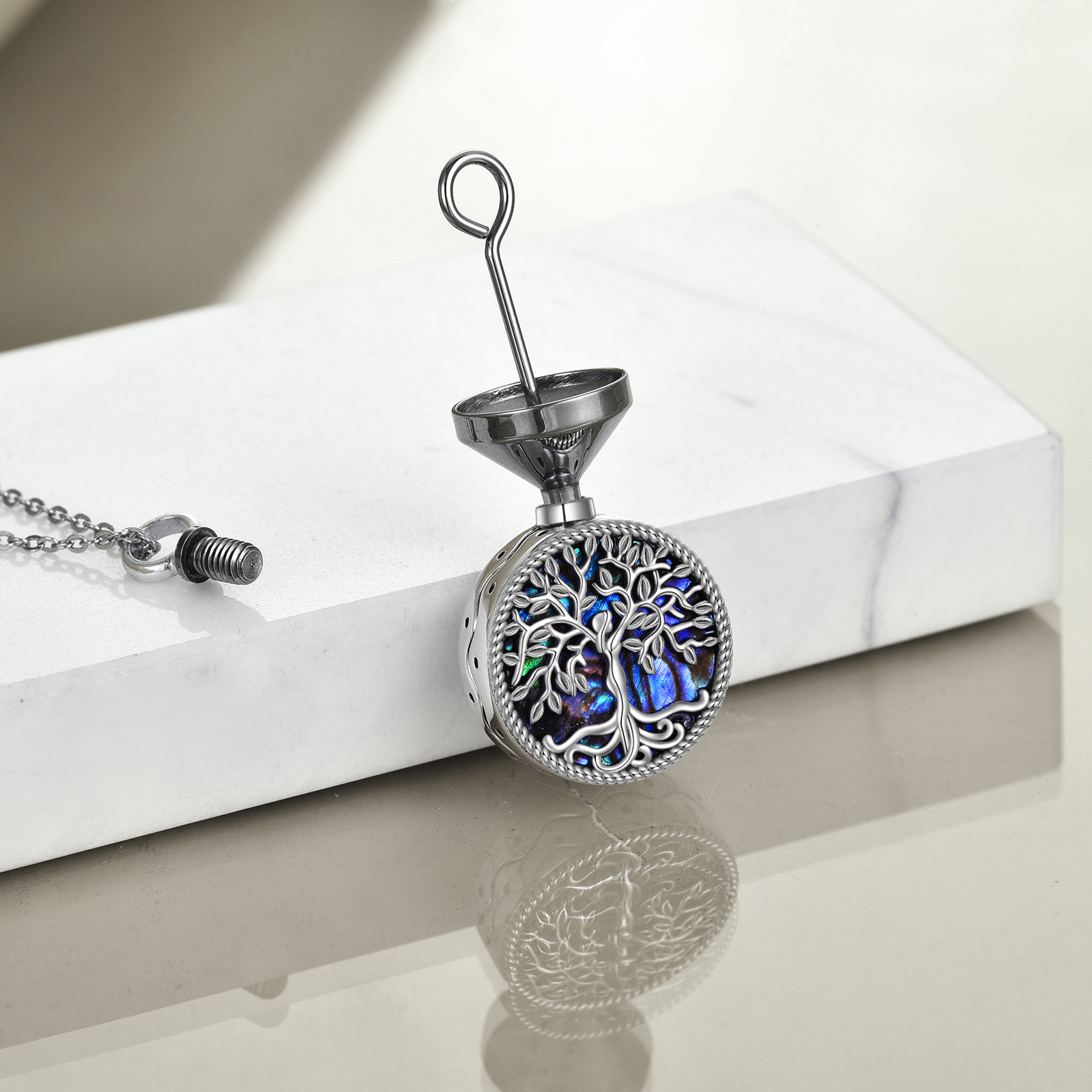 925 Sterling Silver Abalone Shell Tree of Life Urn Necklace