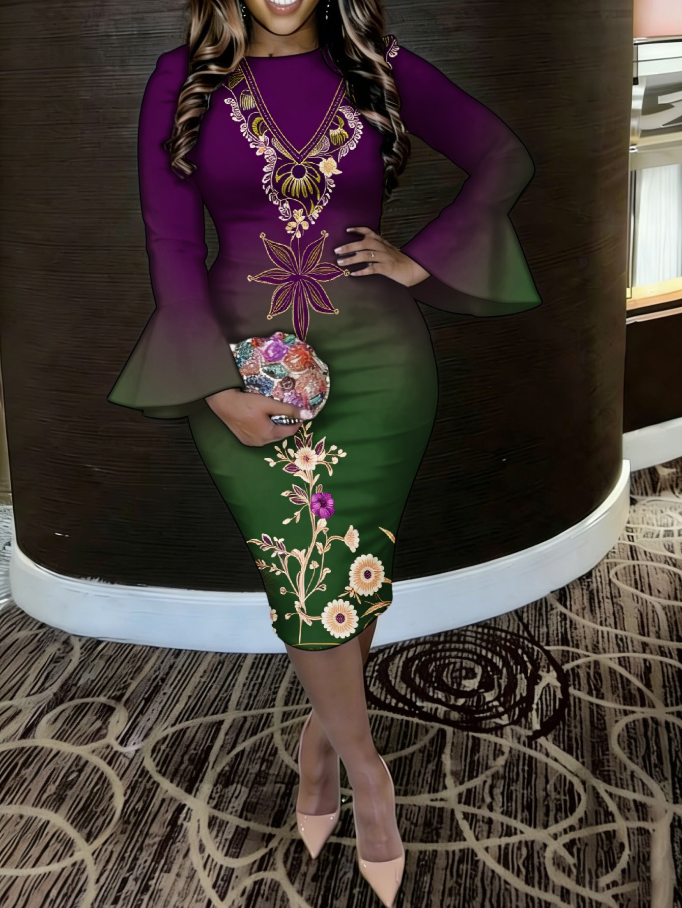 purple with green dress Sherri Hill Purple Print Prom Dress 57692 IVORY/PURPLE GREEN Print / 12 main image 0