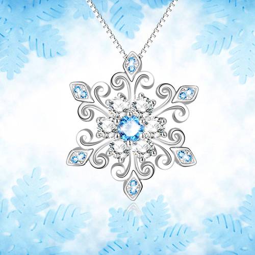 925 Sterling Silvery Snowflake Pendant Necklace, Blue and Flower, Romantic Jewelry Birthday Gift, Holiday Present, Keepsake, , Vintage Pendant, Handcrafted Pendant, Fine Jewelry, Dainty Necklace, Flower Necklace, Jewelry Lovers, Fashion Accessory