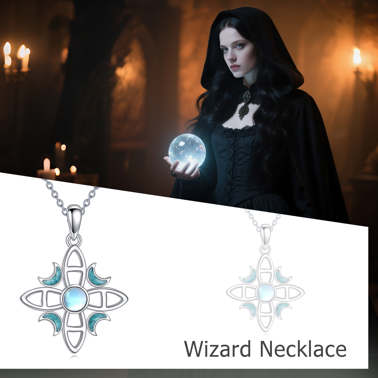 Women's 925 Sterling Silver Wizard Necklace with Synthetic Turquoise & Moonstone