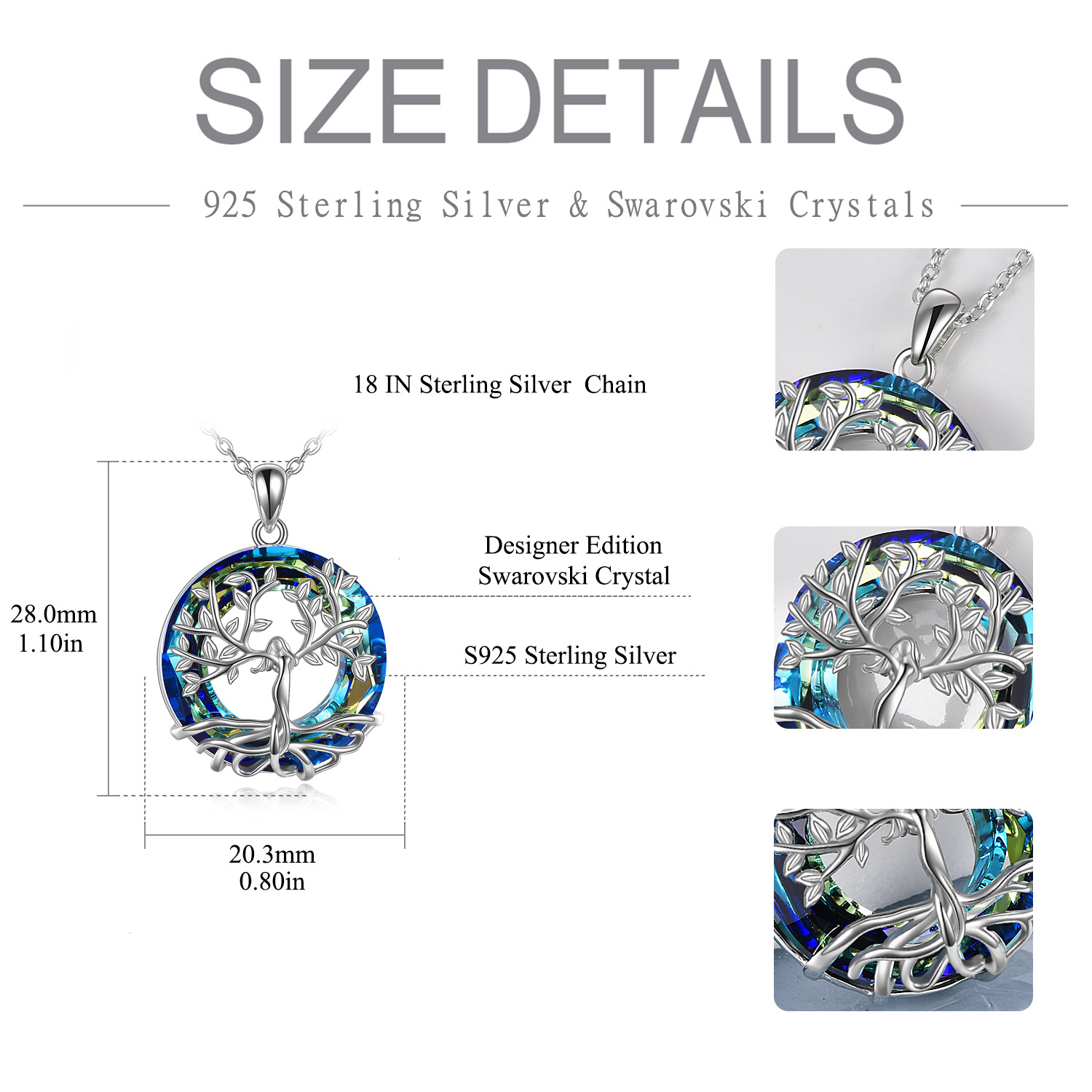 Women's 925 Sterling Silver Tree of Life Necklace with Blue Crystal