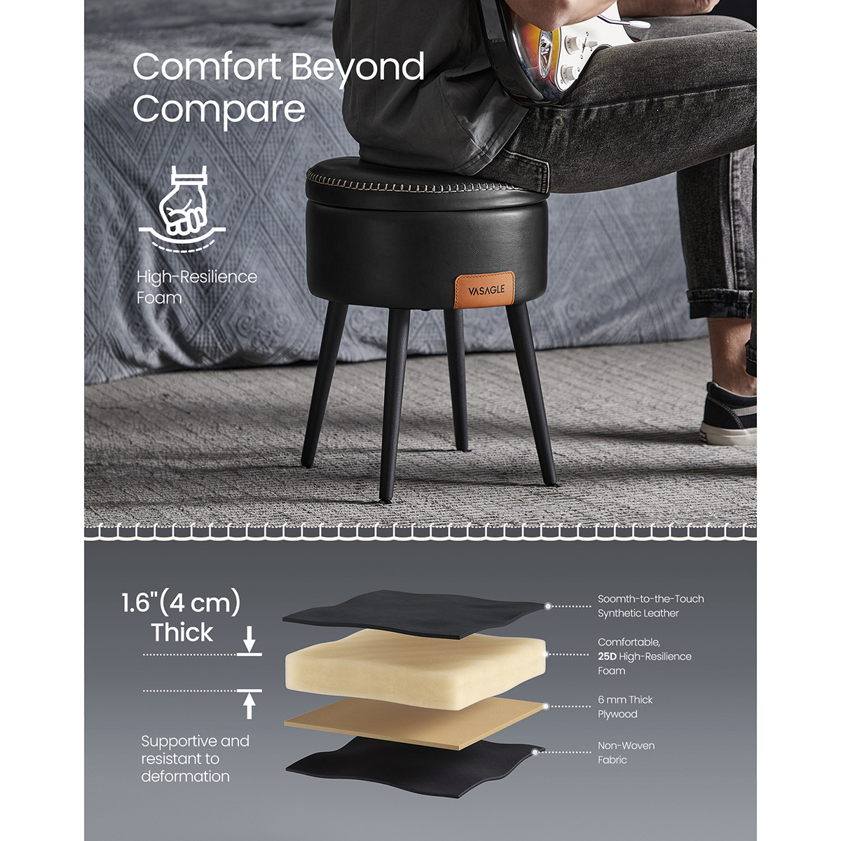 TEMU Vasagle Collection Storage Ottoman, Round Storage Seat, 330 Lb, Vanity Chair Stool,
