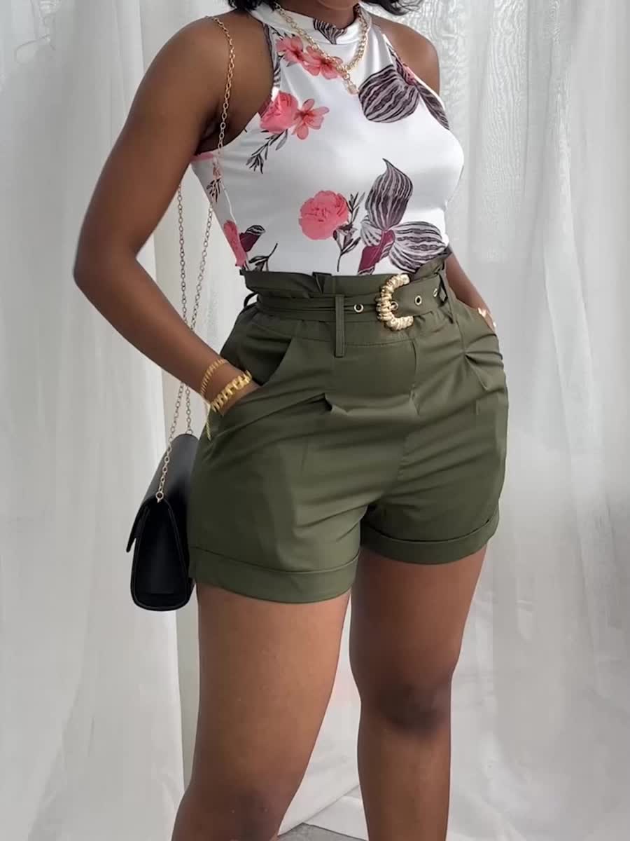 Casual Two piece Shorts Set Floral Print Tank Top Shorts - Temu Canada