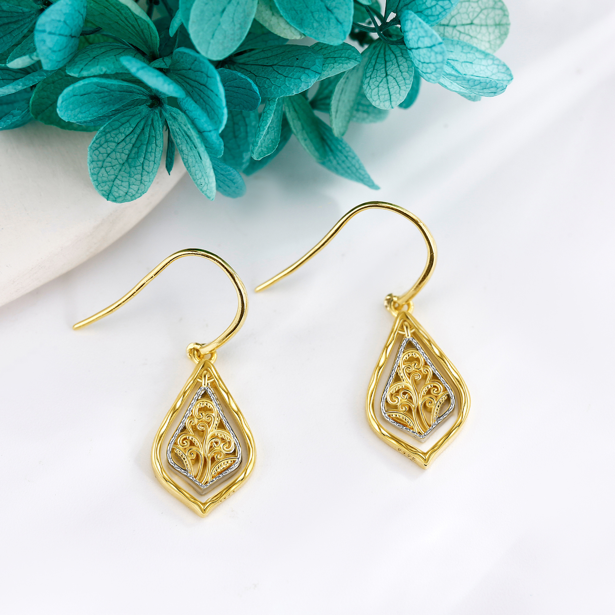 Women's 925 Sterling Silver Two Tone Filigree Dangle Earrings