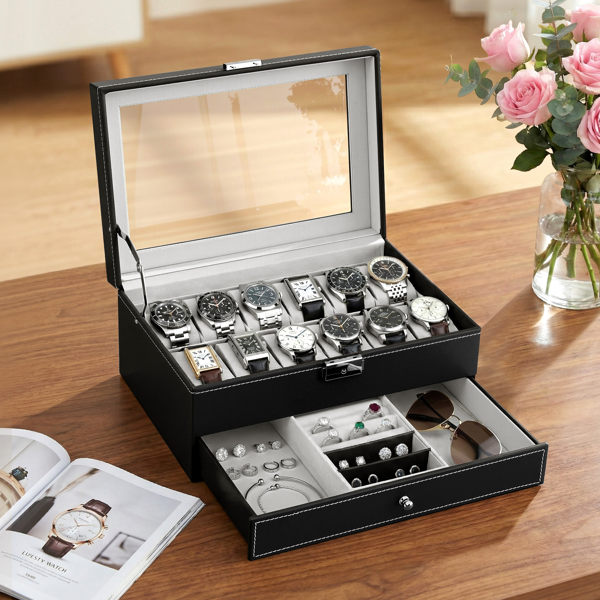 TEMU Embellir 12 Grids Watch Box Organizer Case Jewelry Display Storage Showcase
