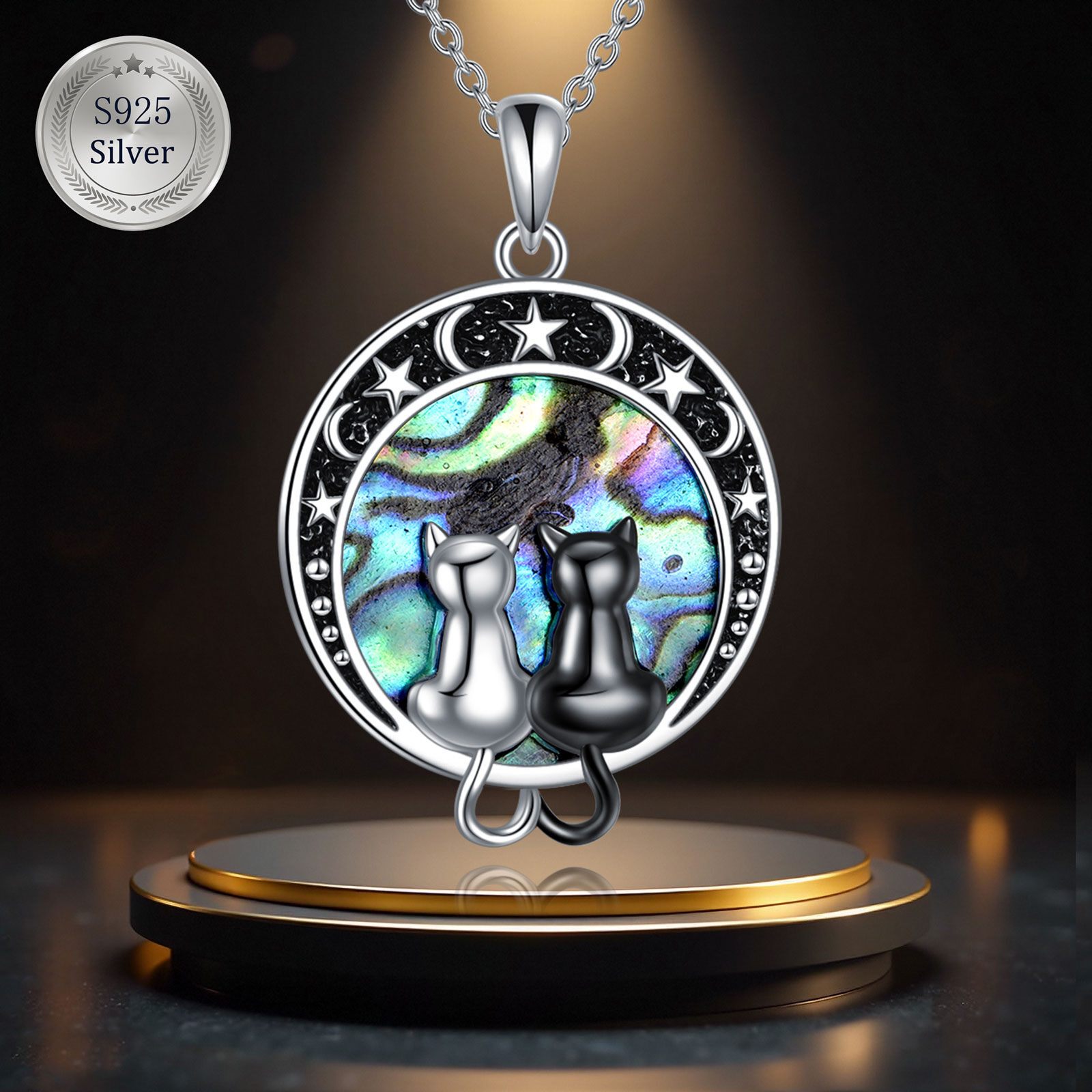 Women's Sterling Silver Black Cat & Abalone Pendant Necklace