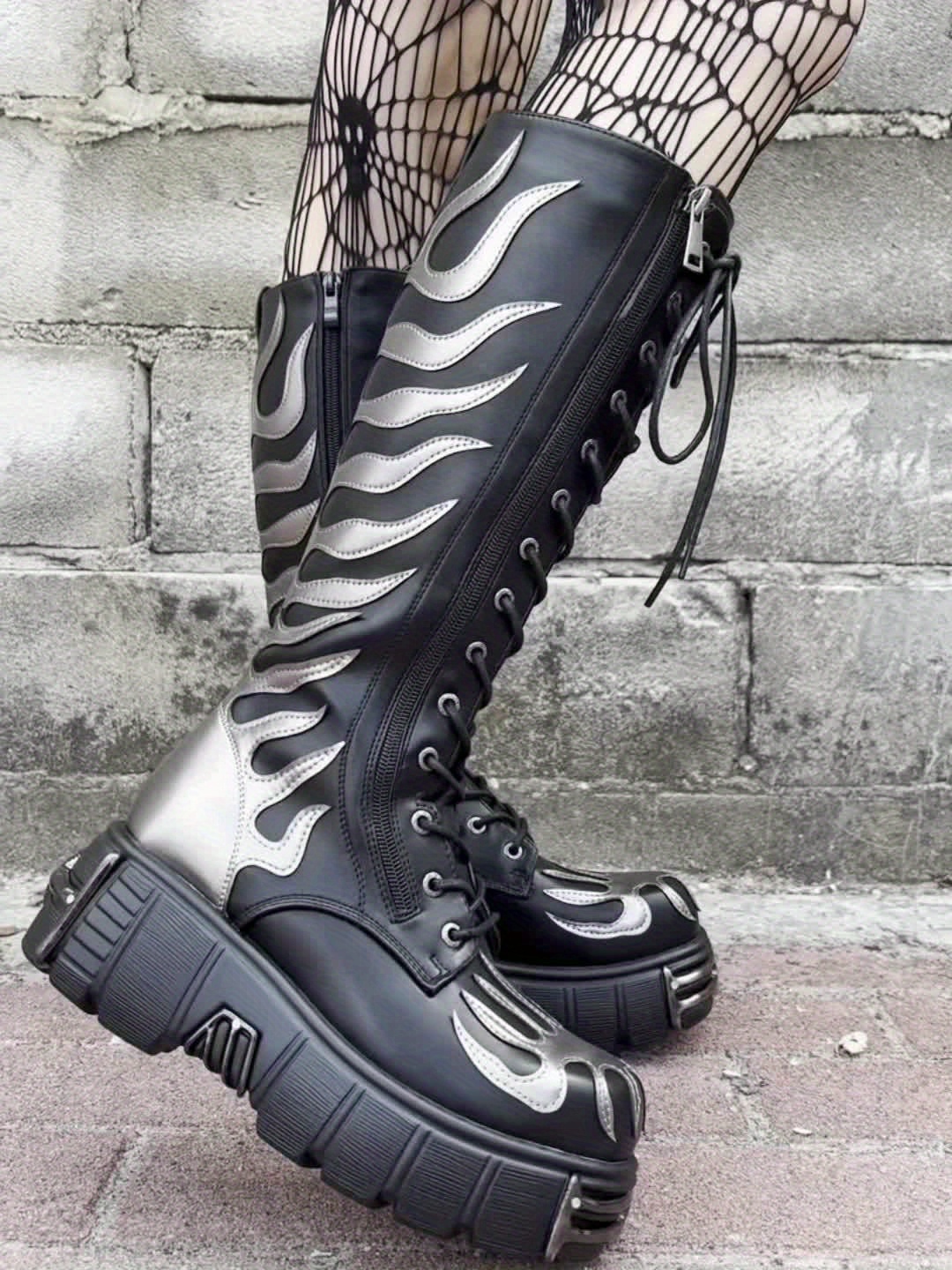 silvery flame embroider punk knee boots gothic black long - Temu