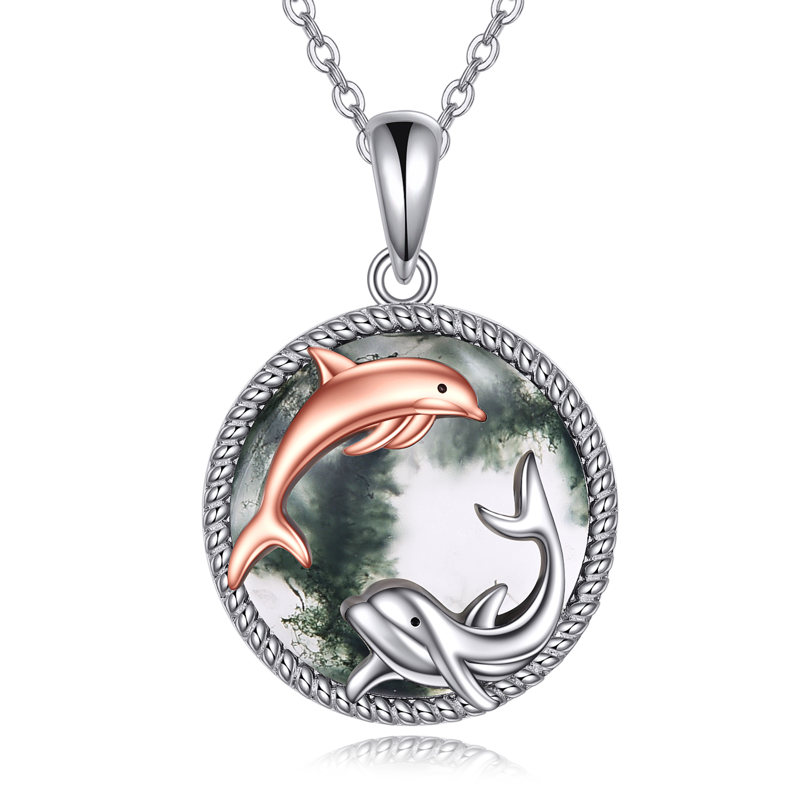 Women's Sterling Silver Dolphin Moss Agate Pendant Necklace