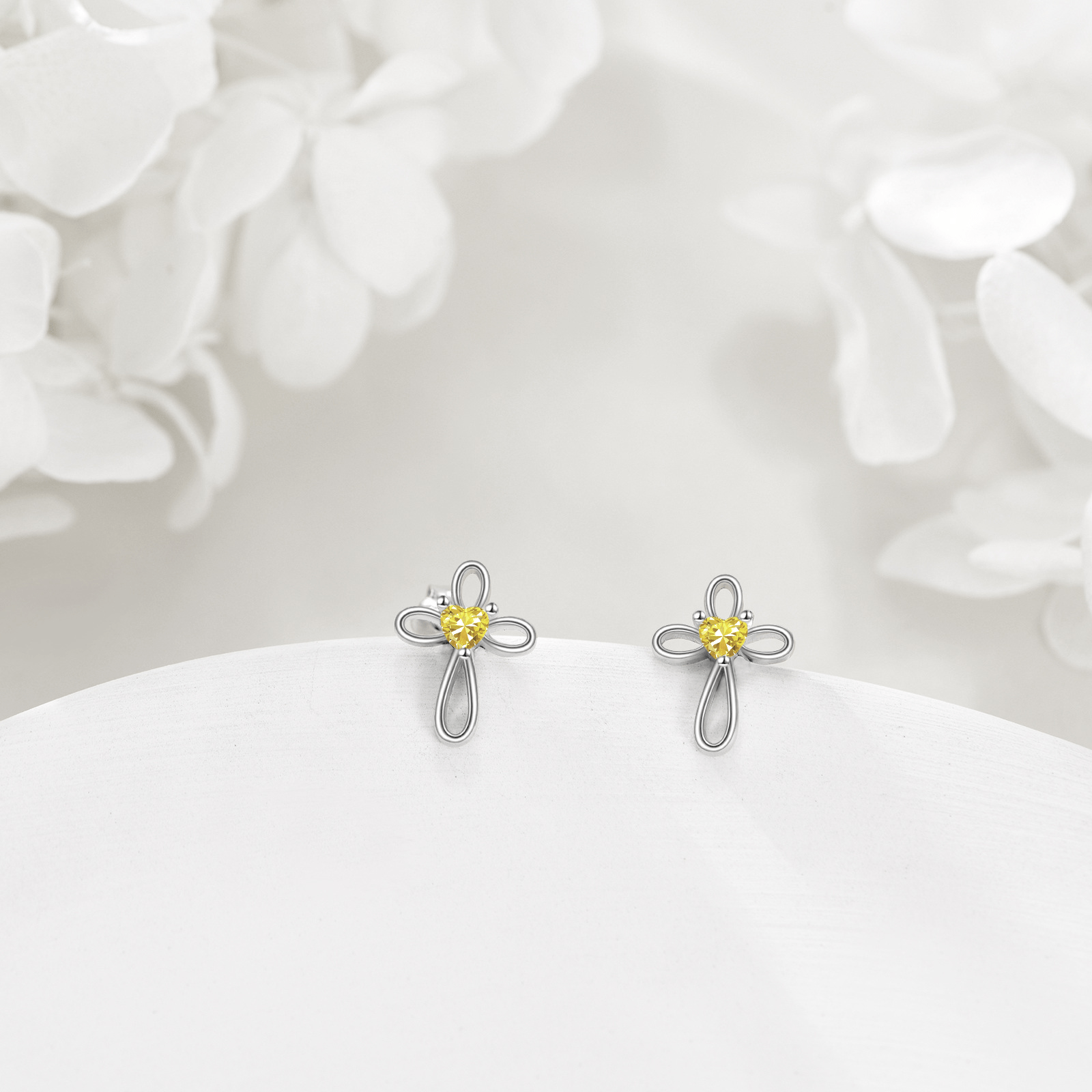 Women's 925 Sterling Silver Citrine Heart Cross Stud Earrings, Gift