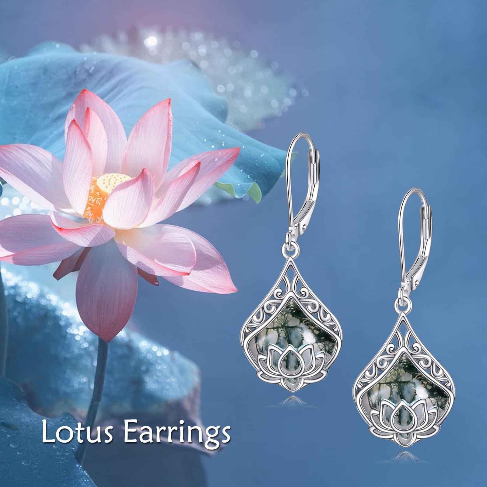 lotus flower earrings 925 sterling silver teardrop leaf moss agate dangle earrings for women lotus jewelry birthday Product details 1